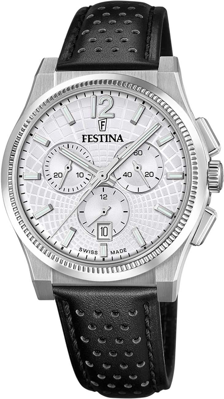 Festina Reloj de Hombre: caja plateada, esfera crono blanca, correa de cuero negra