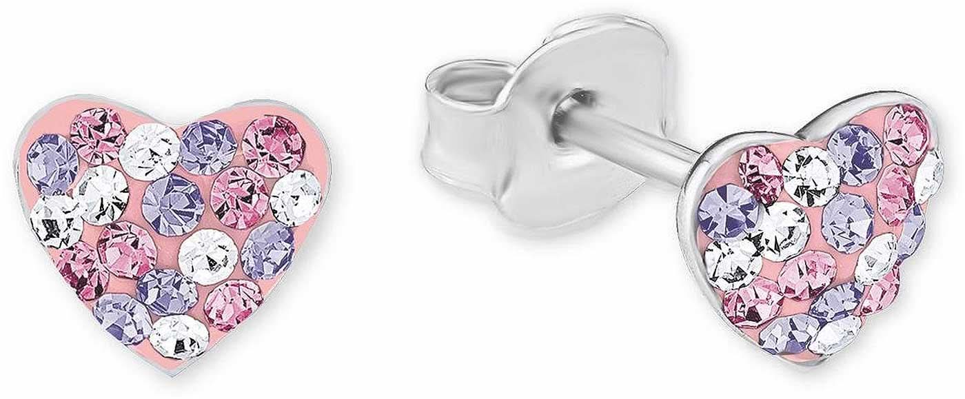 Pendientes de botón en forma de corazón de metal con pedrería rosa, diseño brillante.