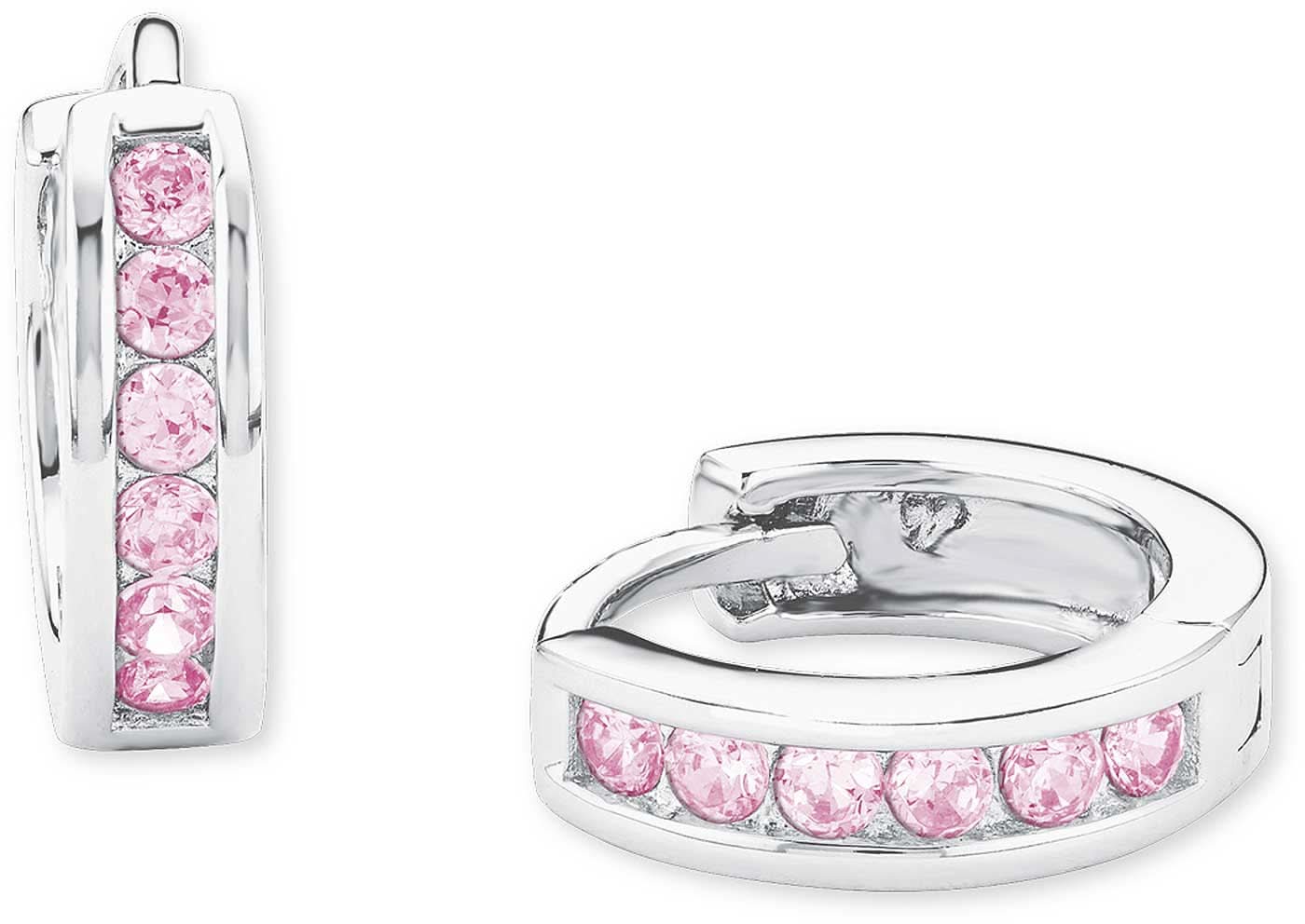 Aros plateados con piedras rosas, segmento alargado en el campo de piedras.