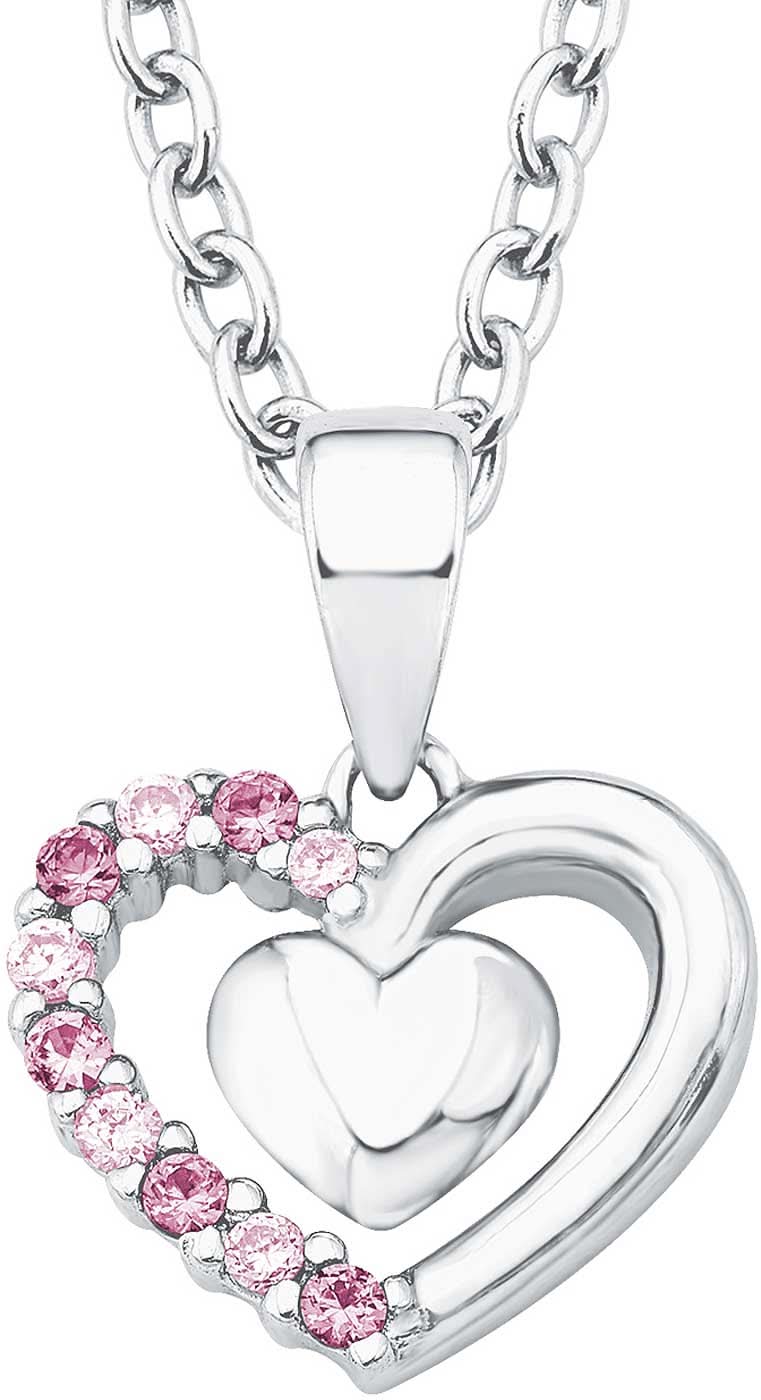 Collar de plata con colgante de corazón grande y piedras rosas en el borde