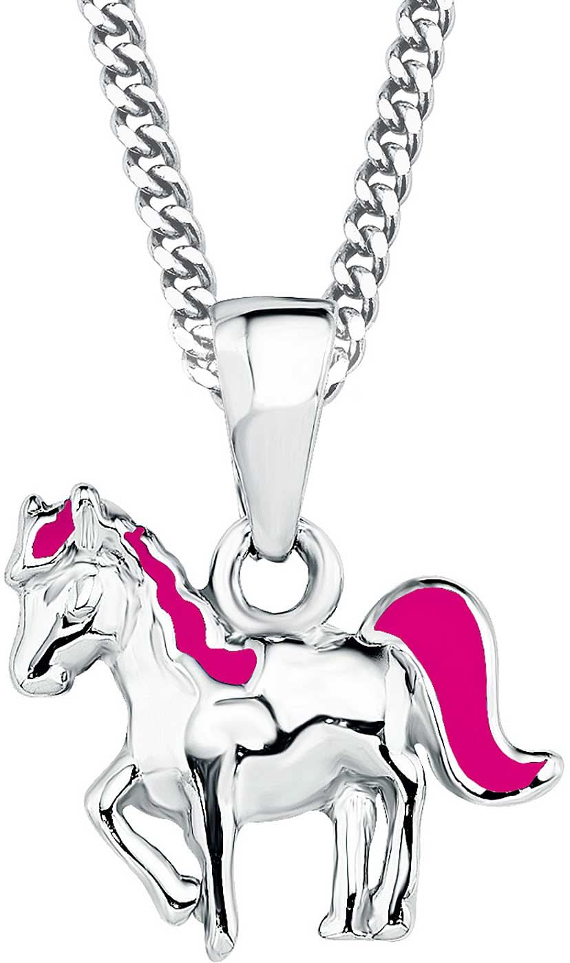 Collar de plata con colgante de caballo, cadena y cola rosa