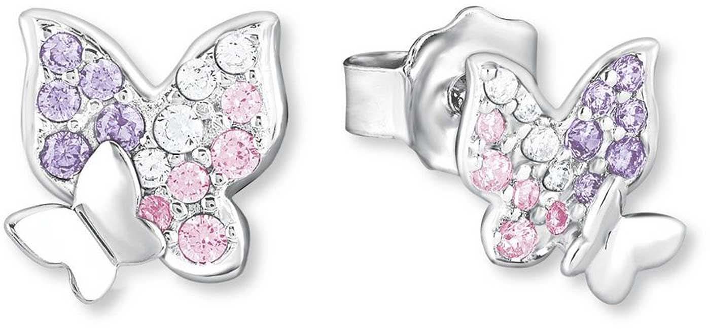 Pendientes de mariposa plateados con pedrería brillante en morado, rosa y blanco.