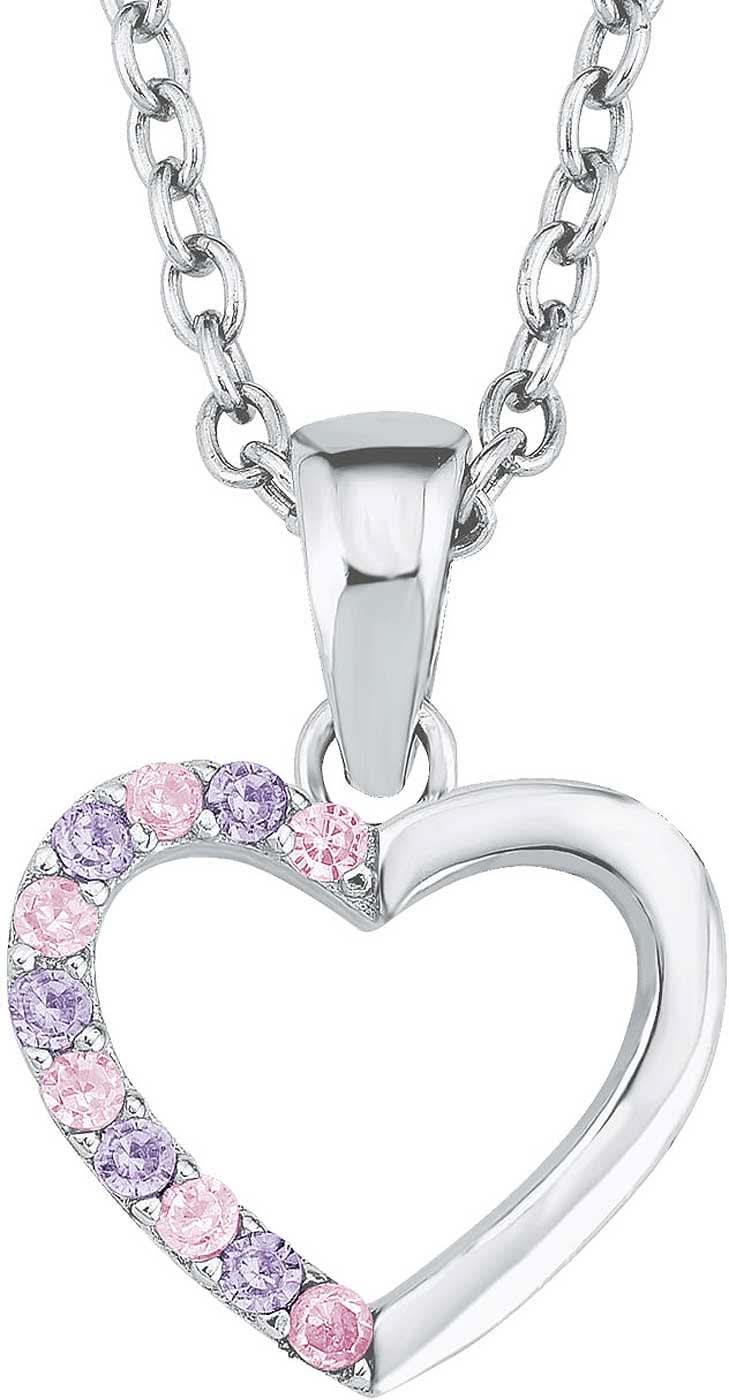 Collar plateado con colgante de corazón, adornos de piedra rosa/morada
