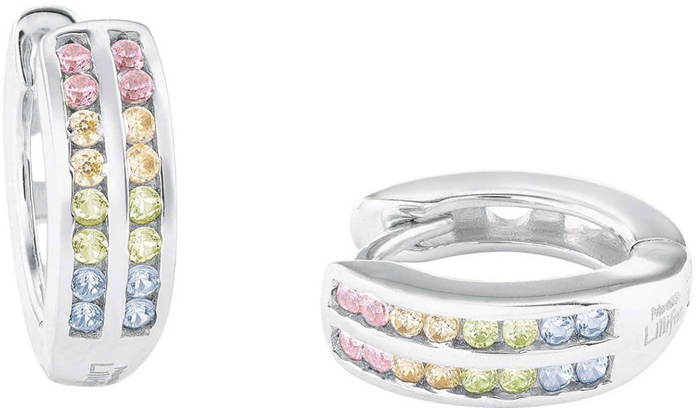 Aros plateados con piedras de colores en varias filas