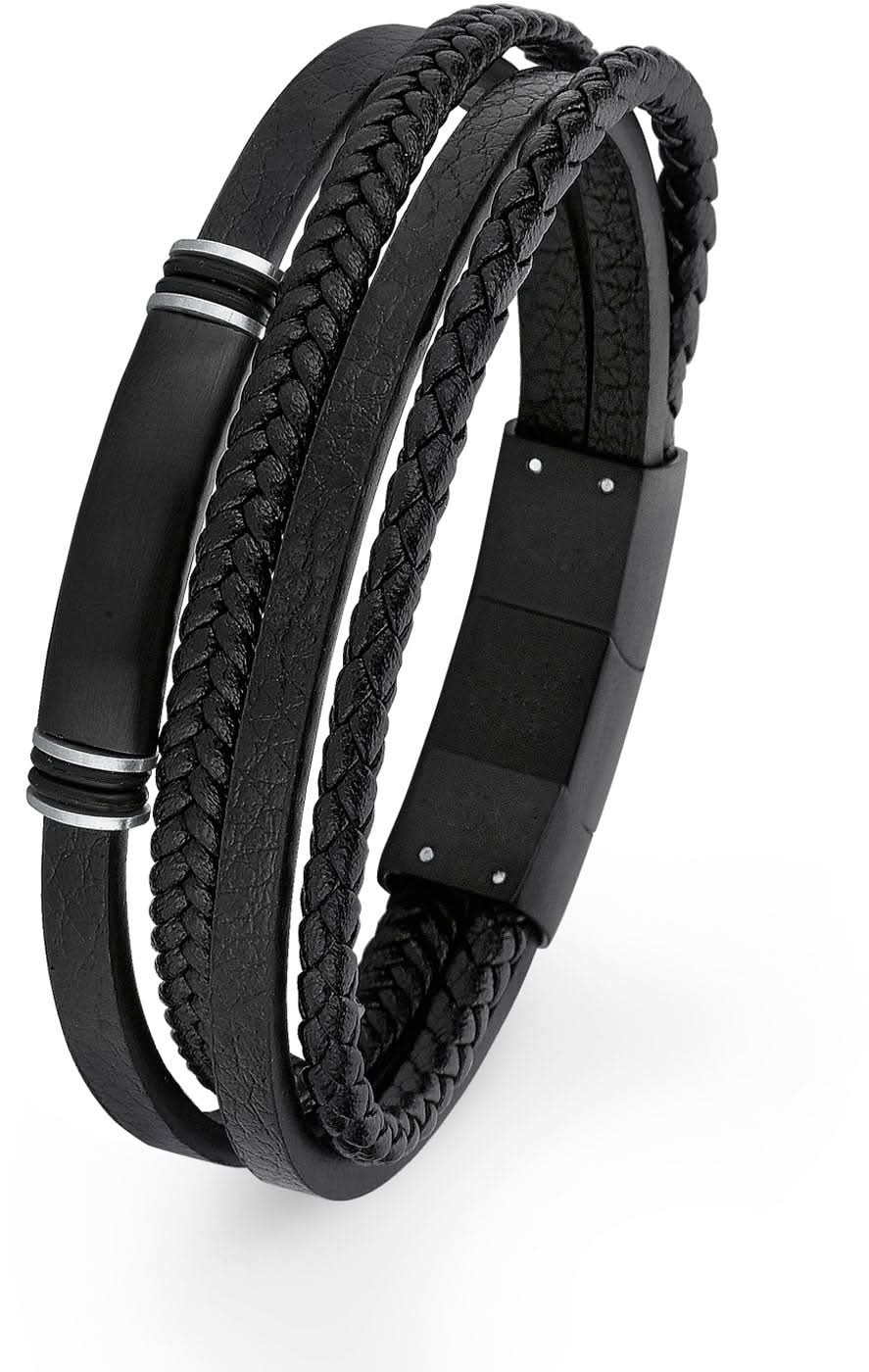 Pulsera de cuero multicapa, negra, con tiras trenzadas y cierre rectangular