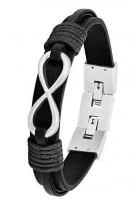 Pulsera de cuero negro con cierre plateado y detalles rectangulares