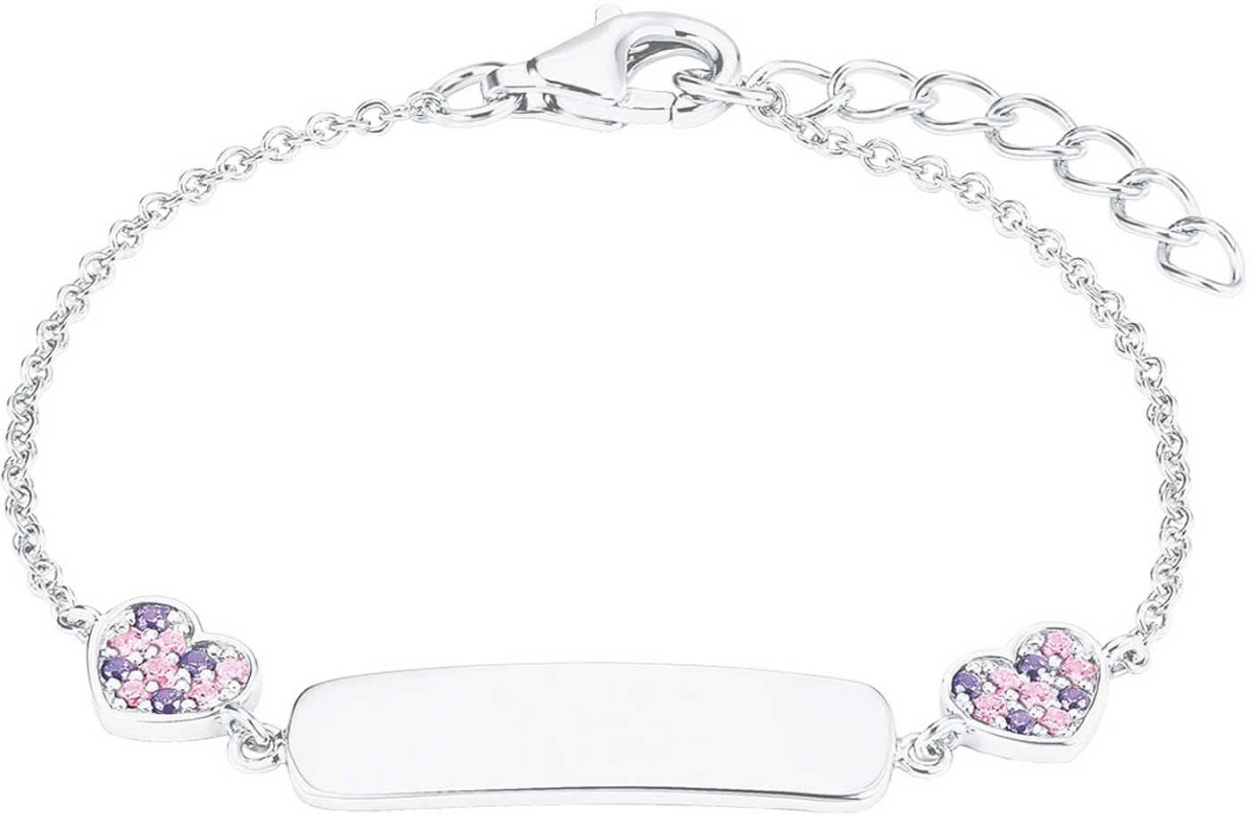Pulsera con charm de corazón plateado con placa ovalada y dos corazones rosas
