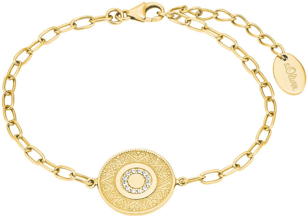 Pulsera de metal en tono oro amarillo, con pieza decorativa redonda y piedra azul