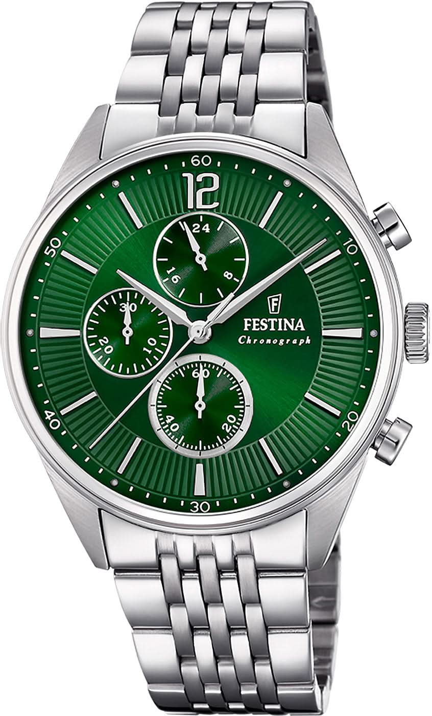 Cronógrafo para hombre con correa de acero inoxidable y esfera verde, tres subesferas de cronógrafo