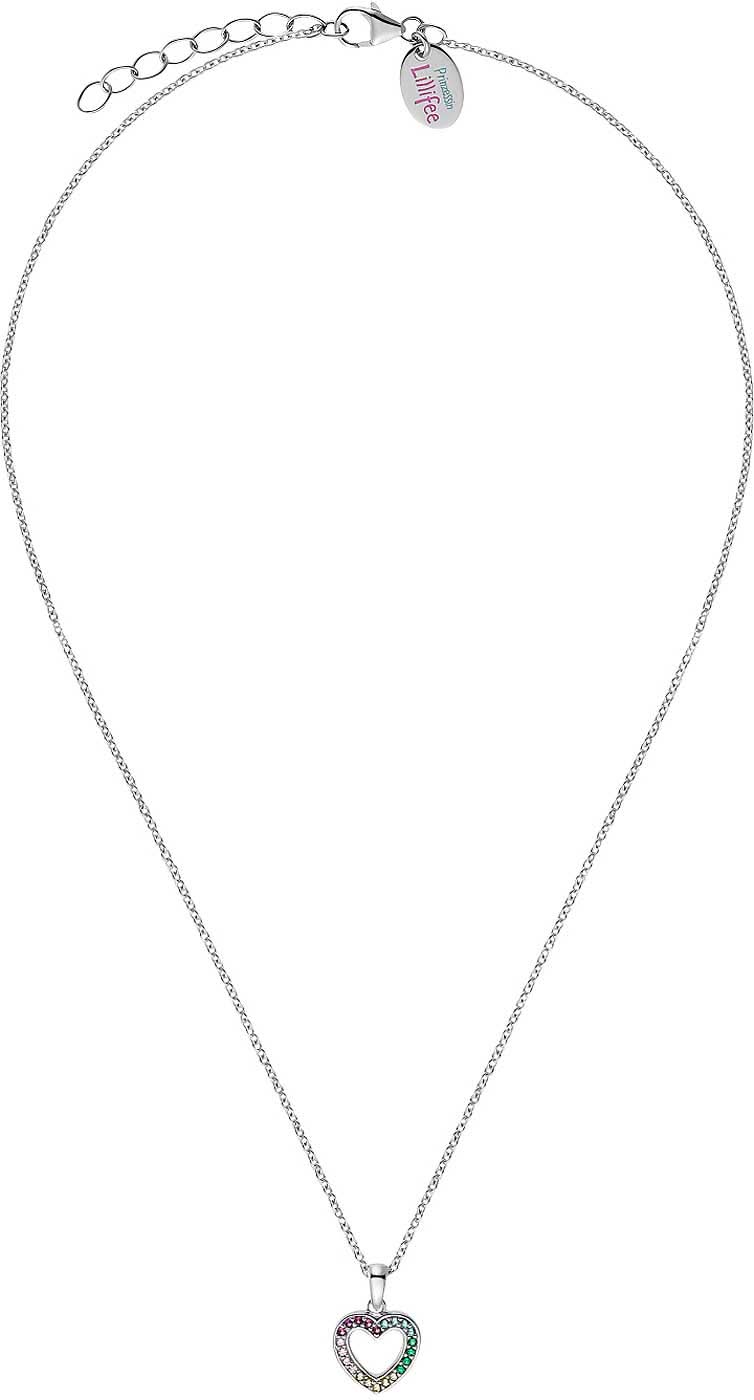 Collar plateado con colgante de corazón y piedras de colores
