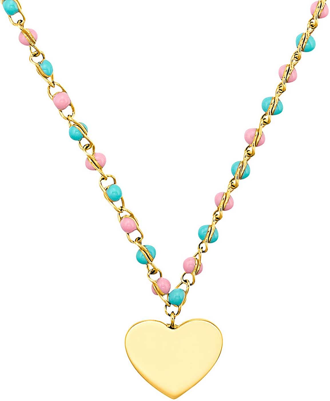 Collar colorido con colgante de corazón, cadena dorada y cuentas rosas/turquesas