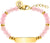 Pulsera de identificación con cuentas de cuarzo rosa y placa grabada en tono dorado