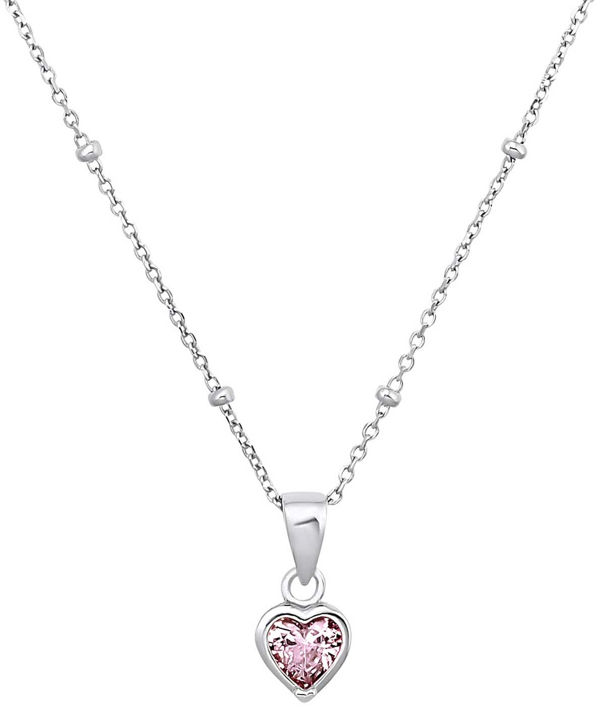 Collar plateado con colgante de corazón y piedra rosa
