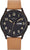 Pulsera de hombre: caja negra, esfera oscura, correa de cuero beige, fecha a las 3