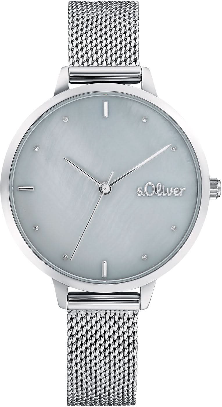 "Reloj de mujer con pulsera de metal plateado y esfera azul, logo s.Oliver"