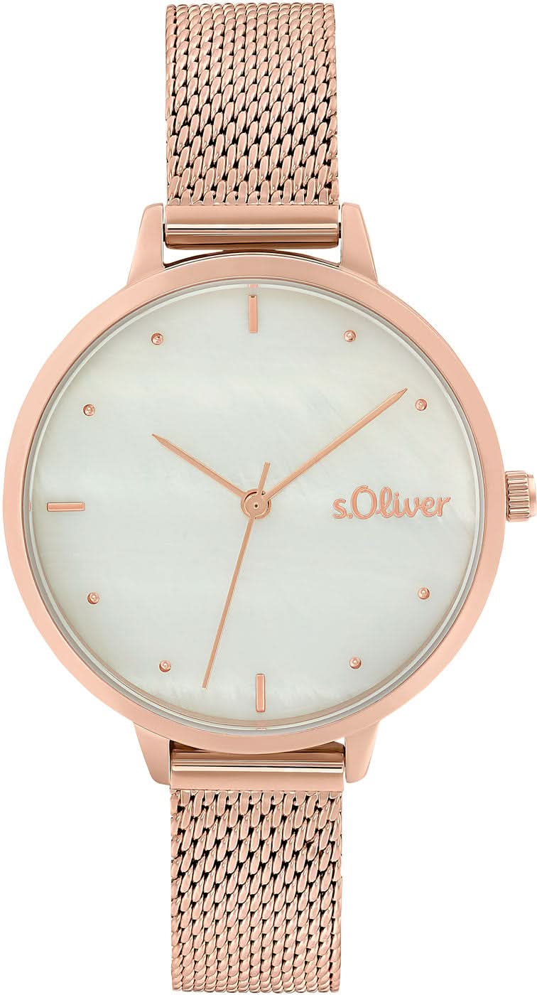 Reloj s.Oliver para mujer: correa de malla en tono oro rosa, esfera color crema