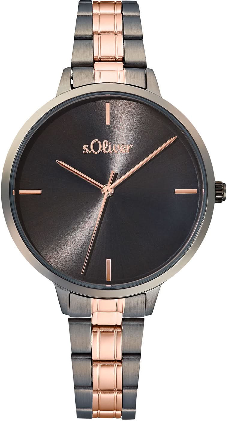 Reloj s.Oliver para mujer con esfera oscura y brazalete bicolor de eslabones, agujas en tono oro rosa