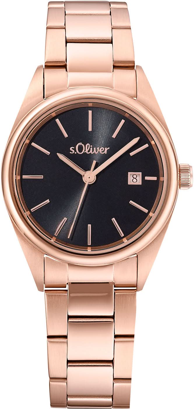 "Reloj de mujer con correa de metal en tono oro rosa, esfera redonda negra y logo s.Oliver"