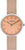 "Reloj de mujer con caja plateada, correa de malla beige y esfera rosa"