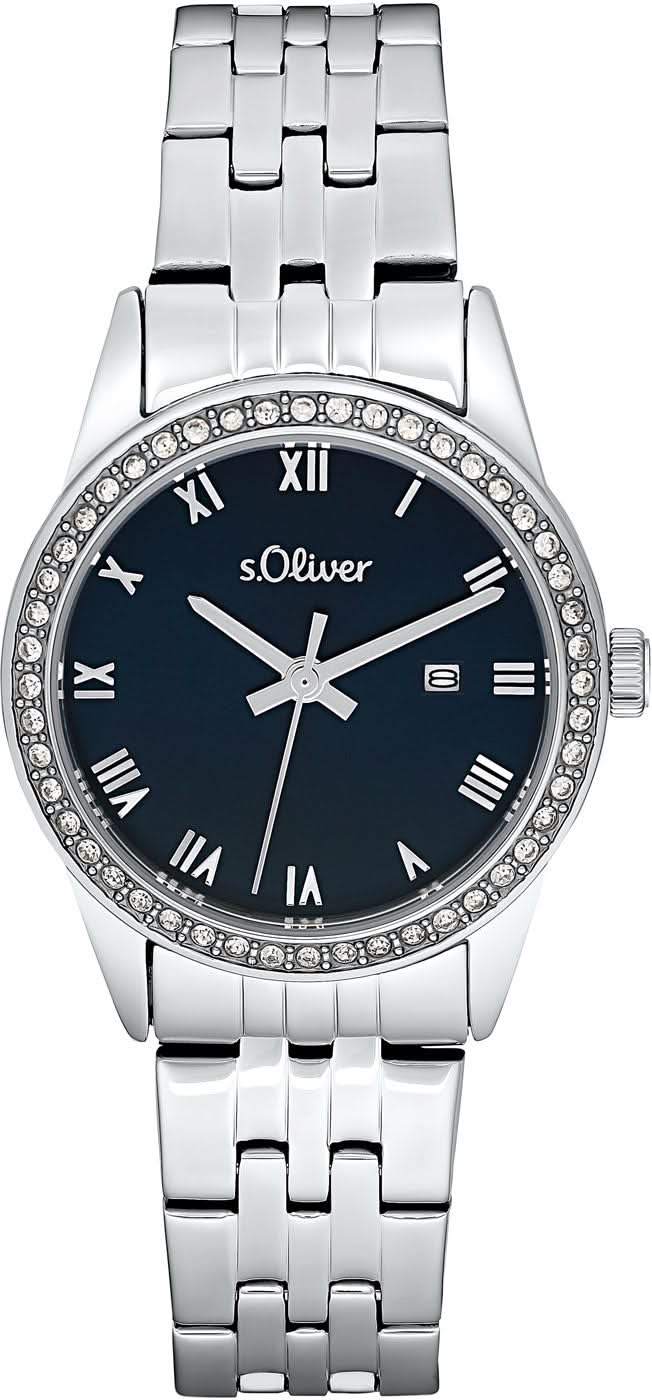 s.Oliver - Reloj de pulsera para mujer con esfera azul, números romanos y correa de metal