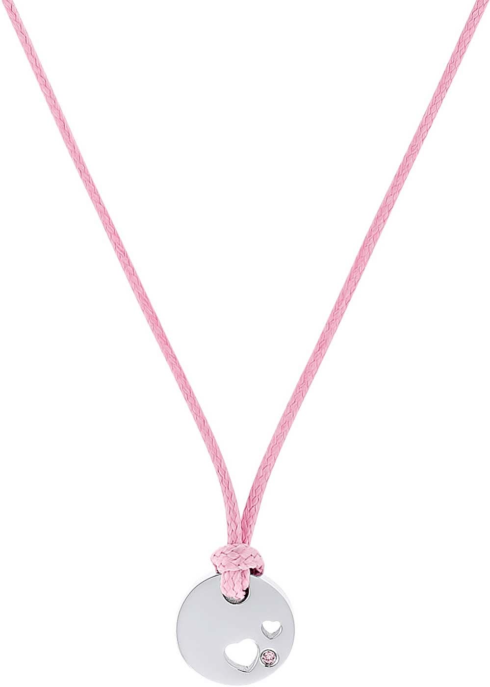Collar de tela con cinta rosa, colgante redondo de acero inoxidable y pequeños corazones