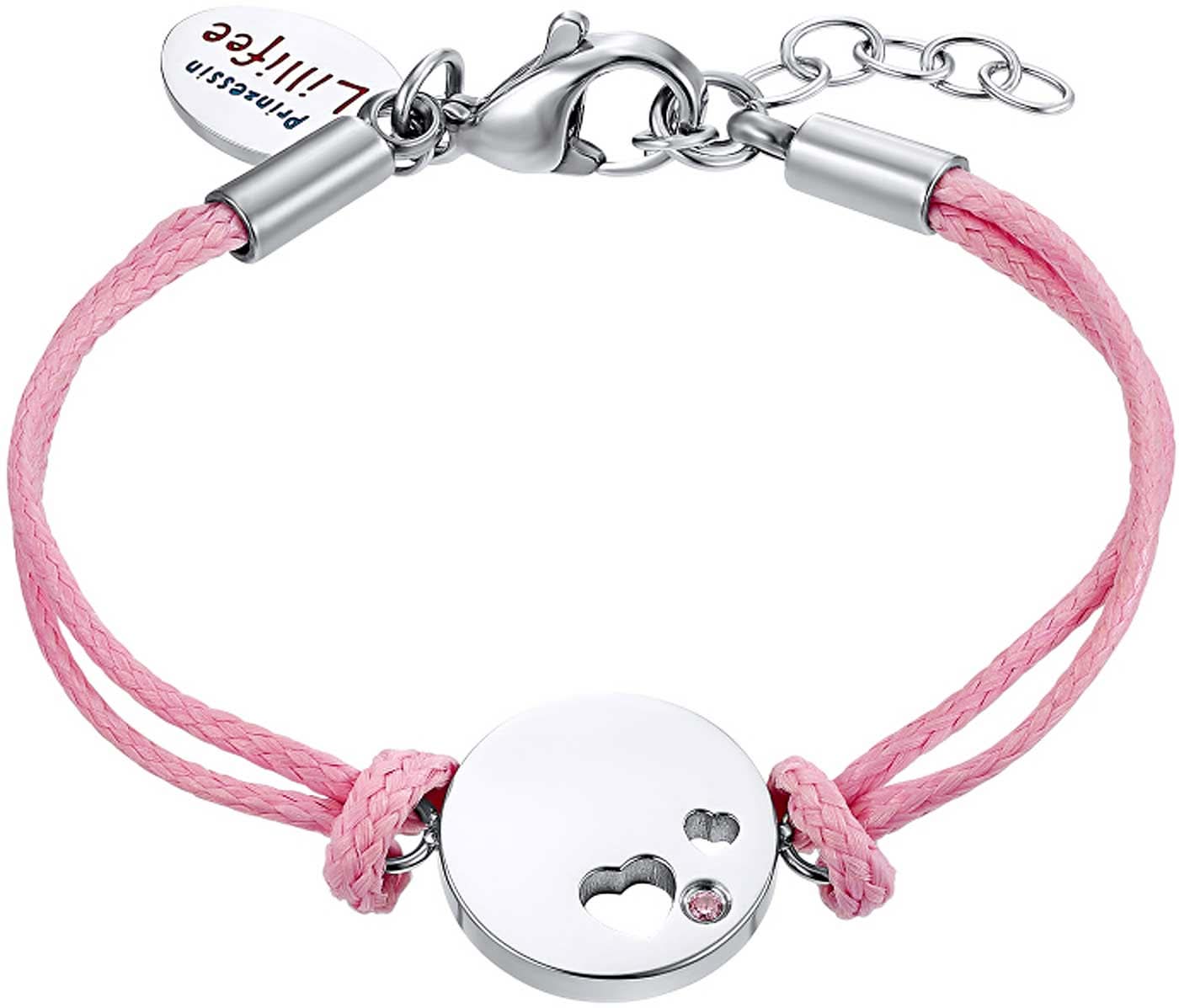 Pulsera textil con colgante de corazón, cordón rosa, eslabones de acero inoxidable plateado