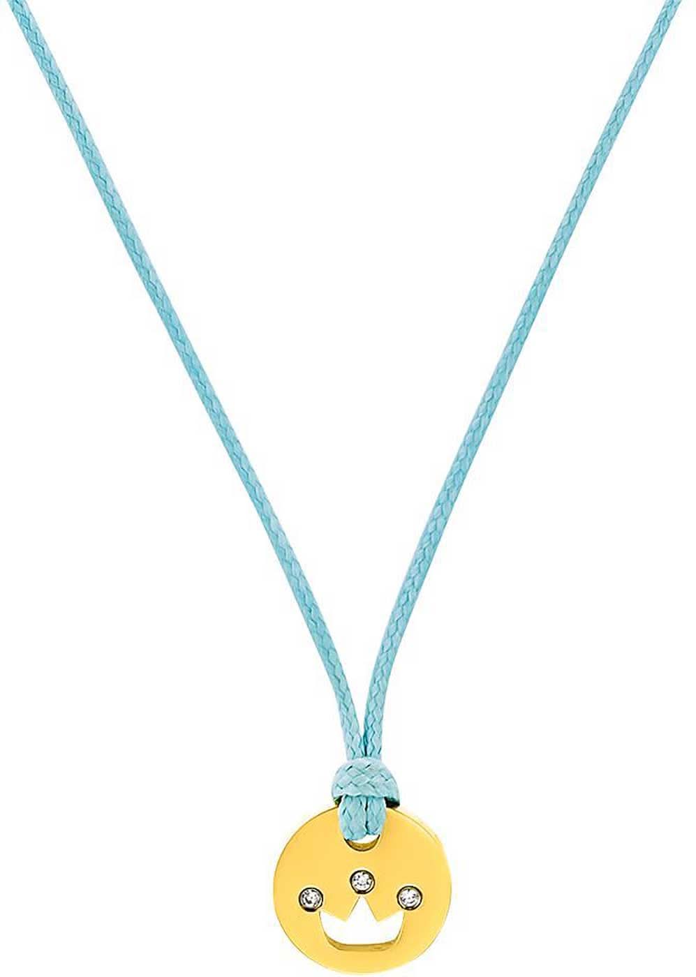Collar de tela con colgante redondo amarillo con cara sonriente y cordón azul
