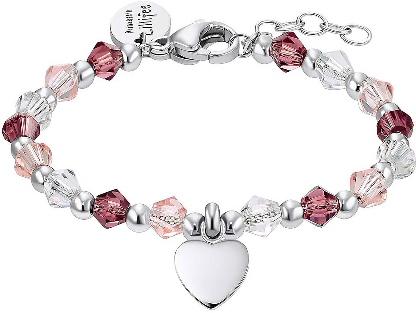 Pulsera plateada con cuentas de cristal rosa y colgante de corazón
