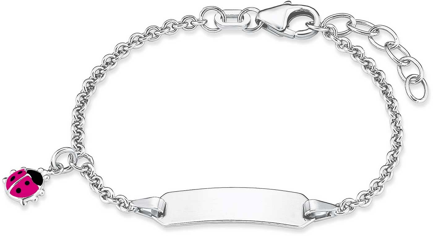 Pulsera de identidad de plata con cadena de eslabones y colgante de mariquita, con cierre de placa