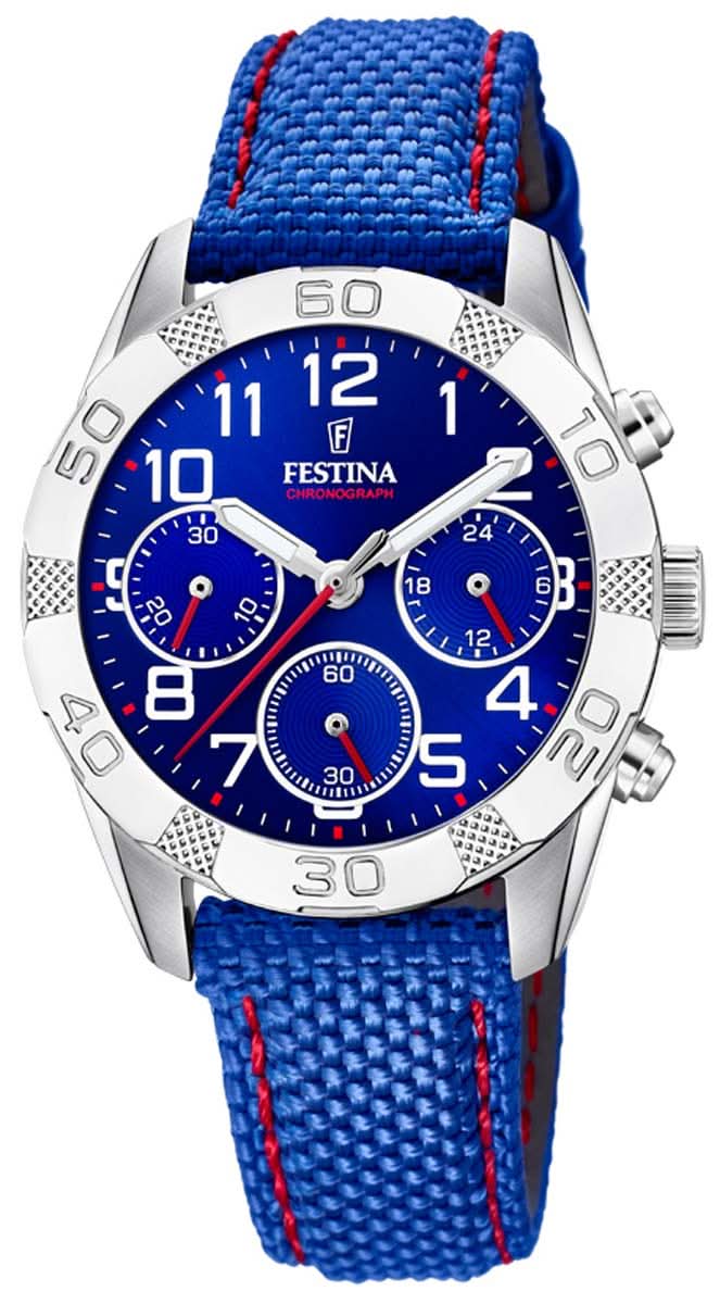 Reloj infantil con pulsera textil azul y caja plateada, esfera azul
