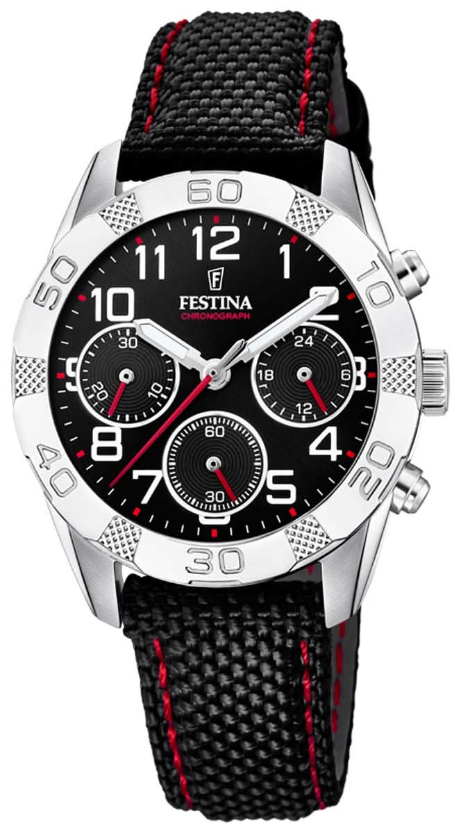Reloj infantil: esfera negra, caja plateada, correa negra con pespuntes rojos