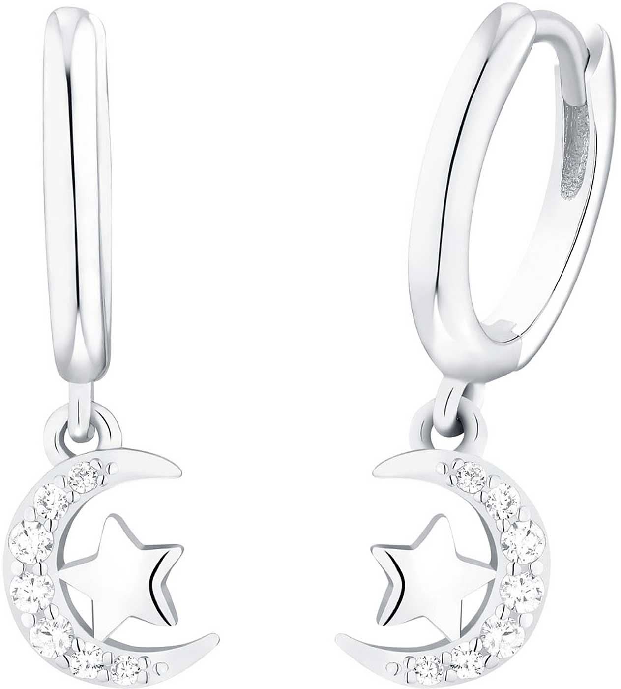 Pendientes plateados con colgante de luna y estrella, aro ovalado