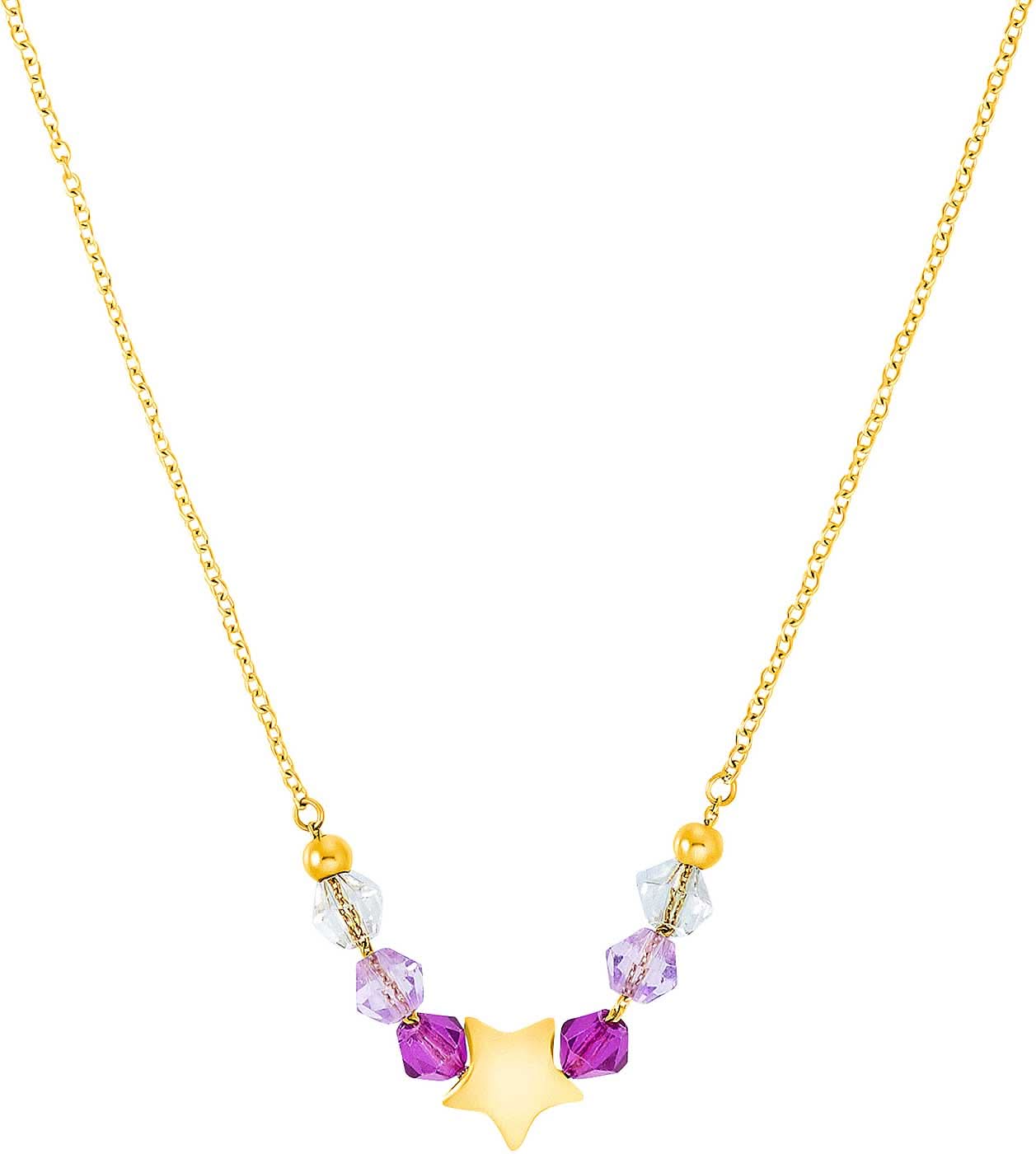 Collar dorado con cuentas moradas y colgante de estrella amarilla