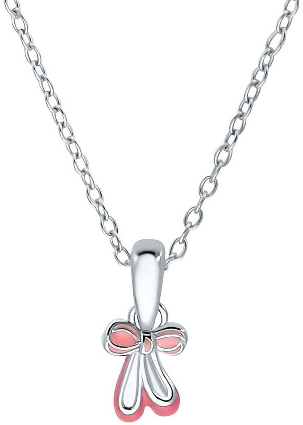 Collar de plata con colgante de lazo y detalles rosas, cadena de eslabones con cierre de mosquetón