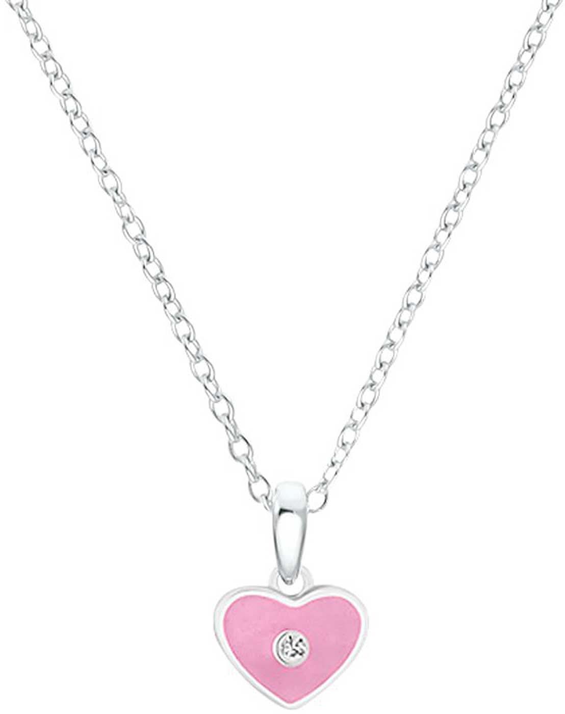 Collar plateado con colgante rosa en forma de corazón y pequeñas piedras