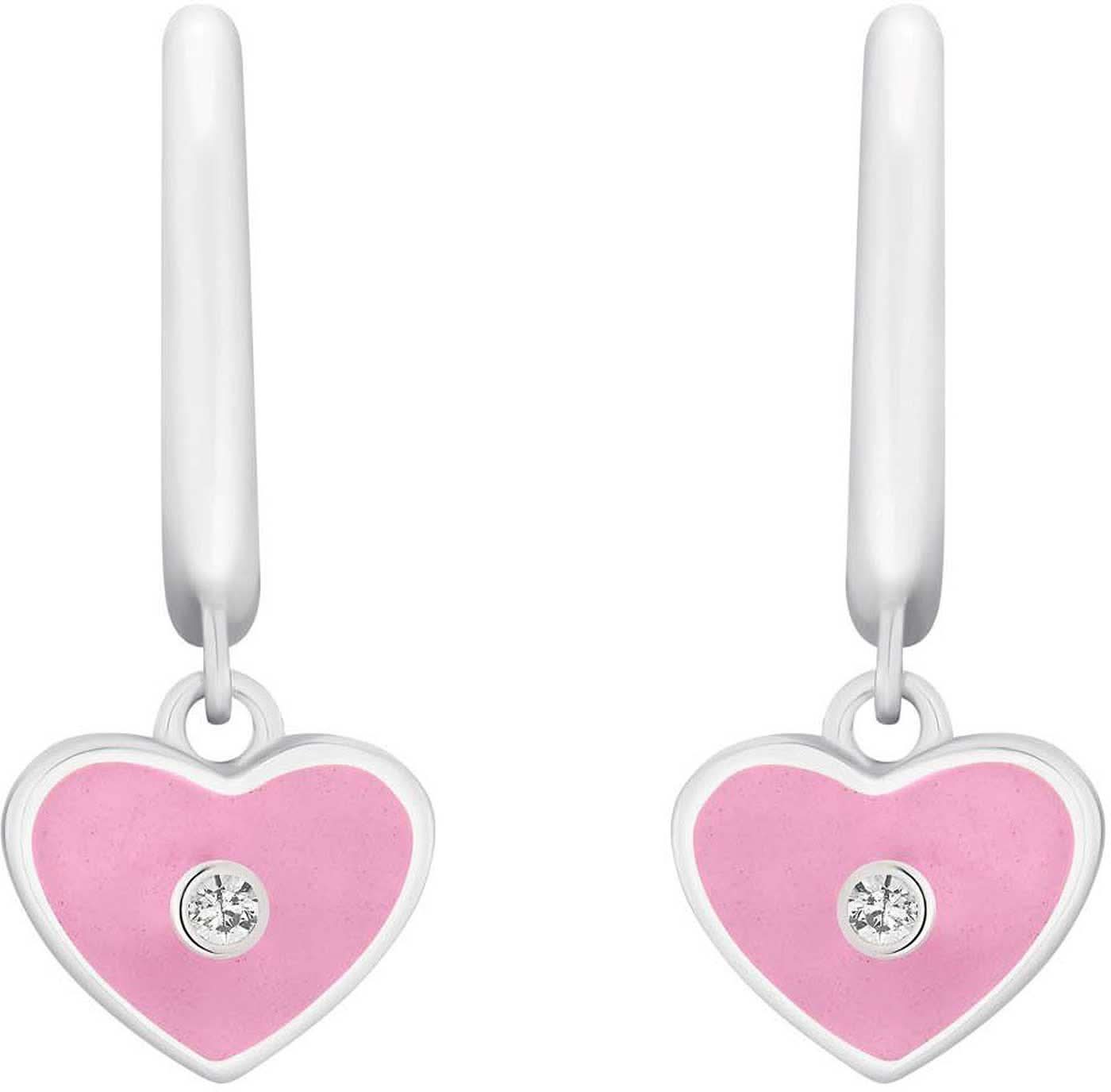 Colgantes de corazón con esmalte rosa, borde plateado y piedra brillante