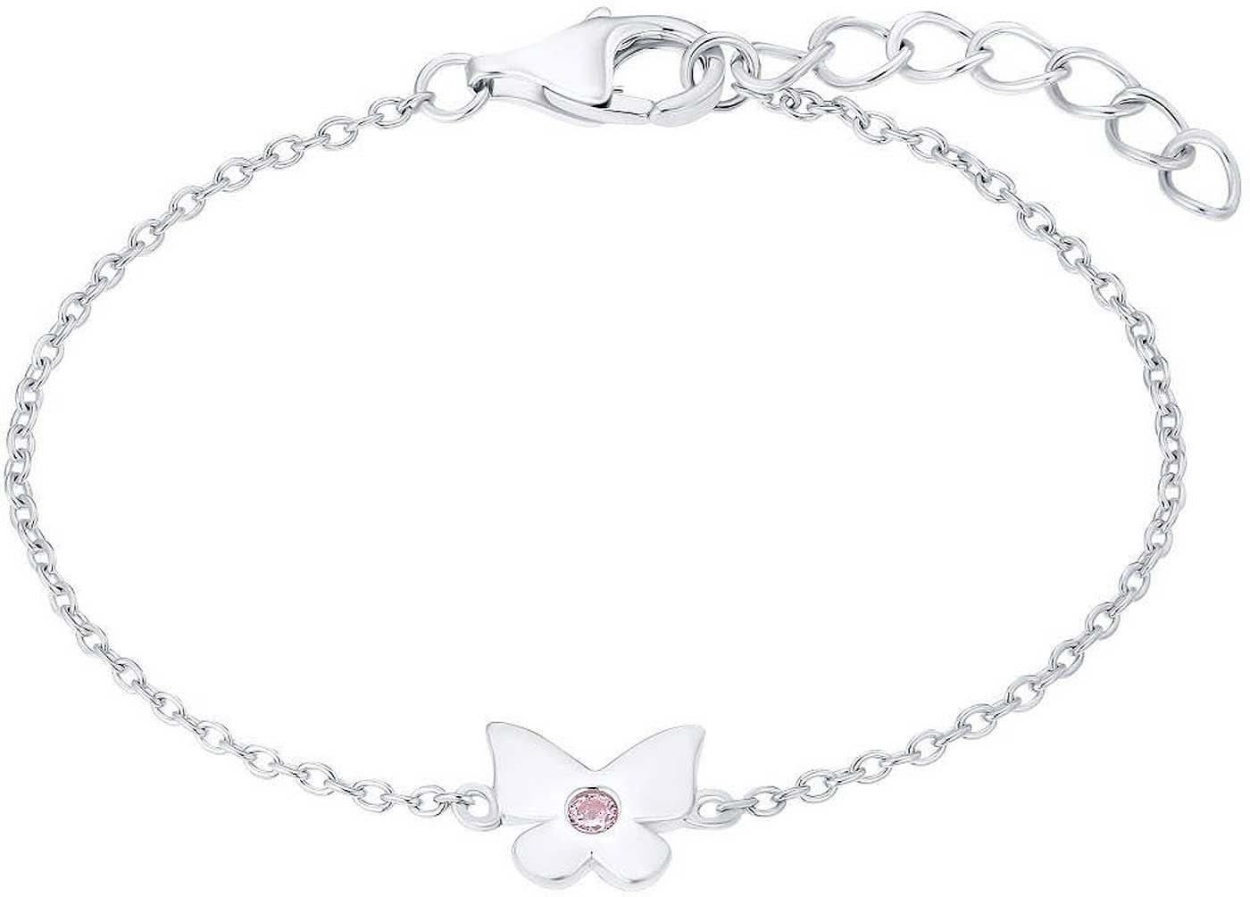 Pulsera plateada con colgante de mariposa y piedra de bisutería rosa