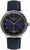 "Reloj de mujer con correa de cuero azul oscuro, caja redonda de acero y esfera azul"