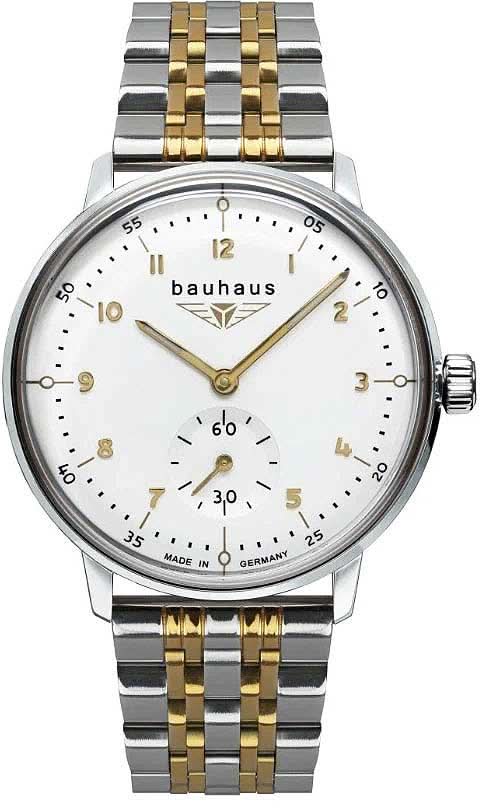"Reloj de mujer bicolor con esfera blanca, manecillas doradas y brazalete de metal"