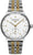 "Reloj de mujer bicolor con esfera blanca, manecillas doradas y brazalete de metal"