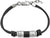 Pulsera de cuero con discos de cuentas negras y elementos metálicos, cierre con cadena