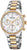 Reloj de mujer con caja plateada, eslabones dorados, esfera blanca y bisel decorativo