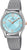 "Reloj de mujer: esfera turquesa, pulsera de acero inoxidable plateado, bisel brillante."