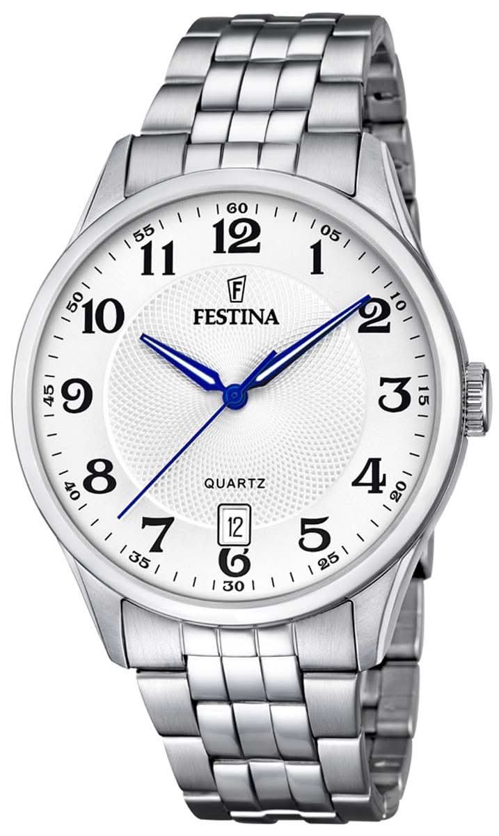 Reloj de hombre con pulsera de acero inoxidable plateado, esfera blanca y segundero azul