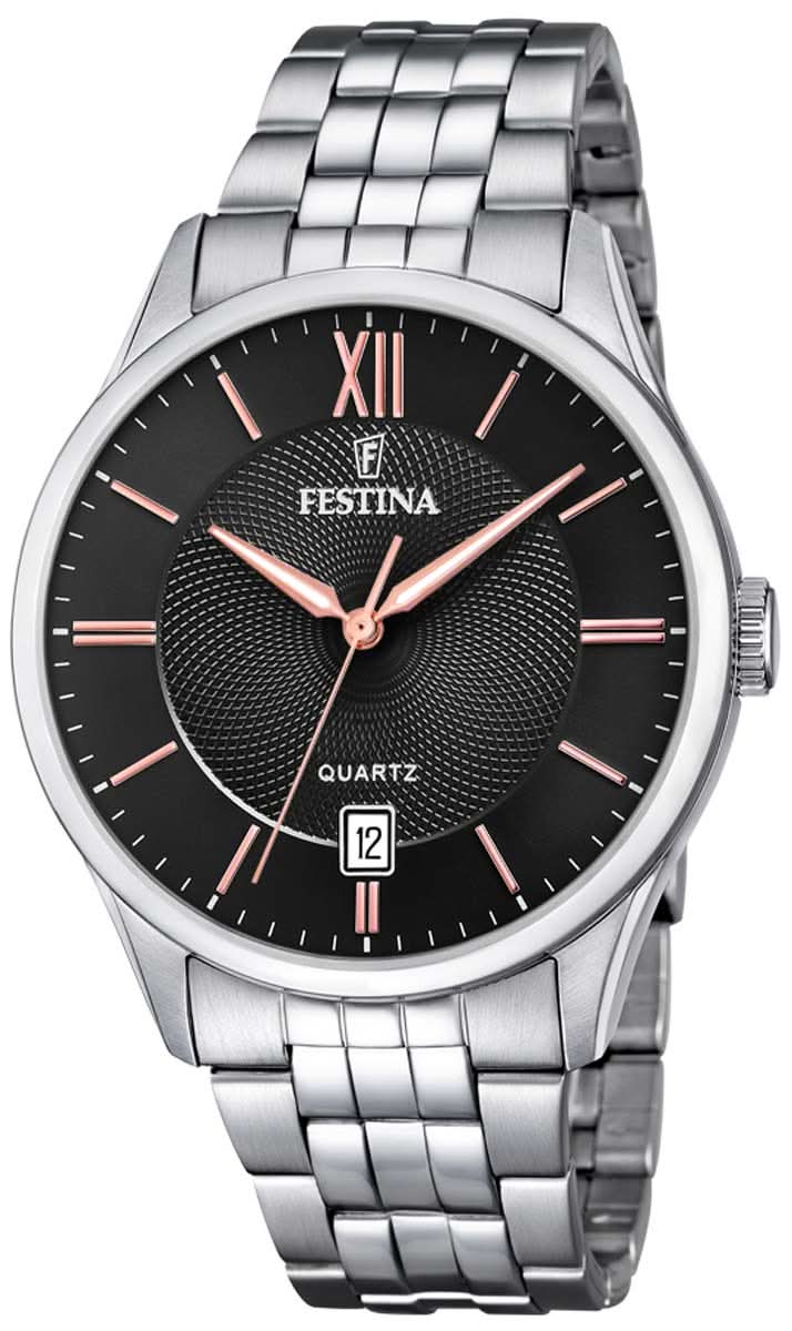 Reloj Festina para hombre con correa de acero inoxidable, esfera negra y visualización de hora