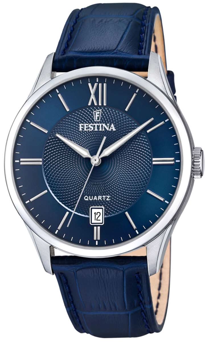 Reloj de hombre con correa de cuero azul, esfera redonda azul y caja plateada