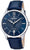 Reloj de hombre con correa de cuero azul, esfera redonda azul y caja plateada