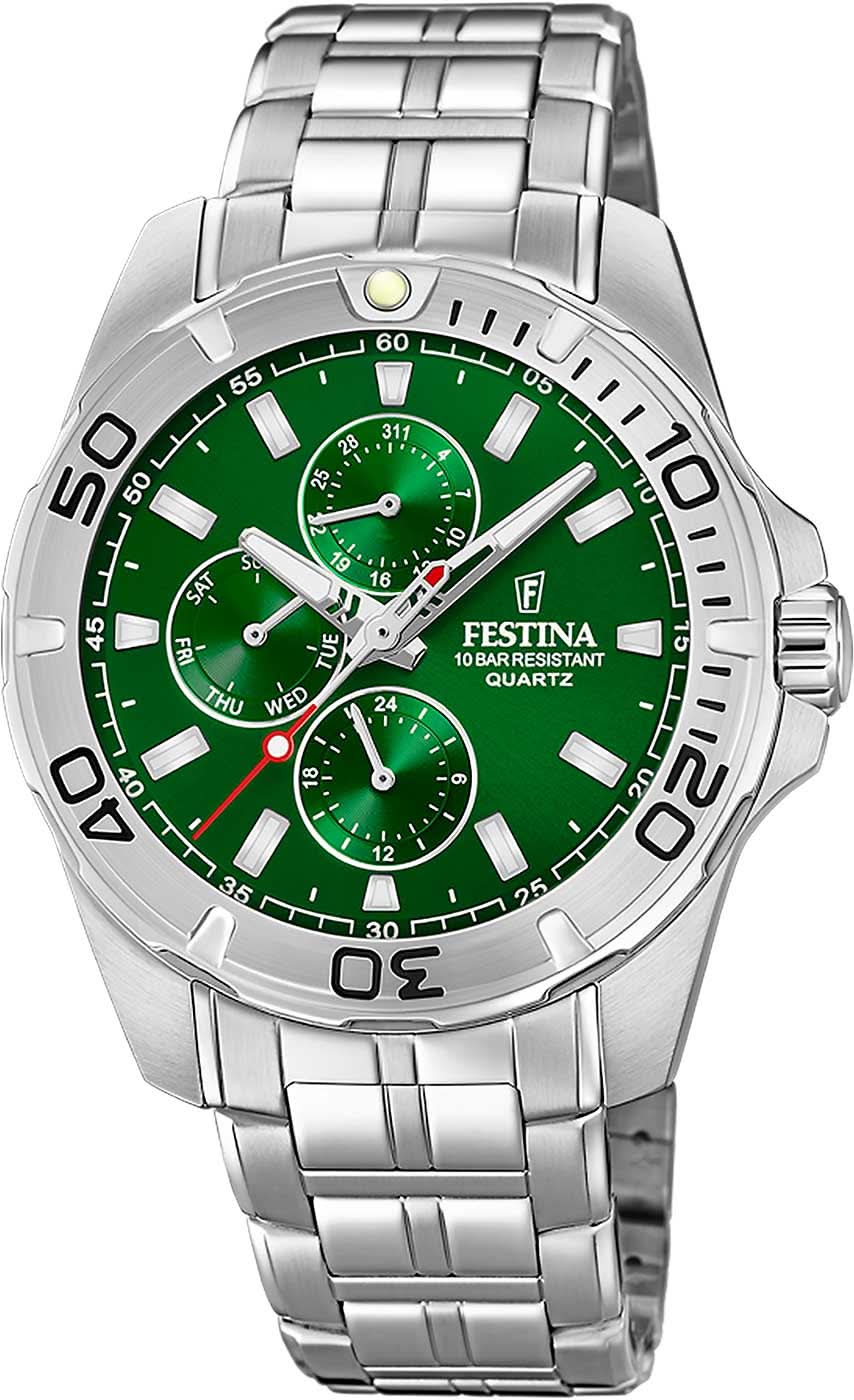 Reloj de hombre con esfera verde, agujas analógicas y correa de acero inoxidable