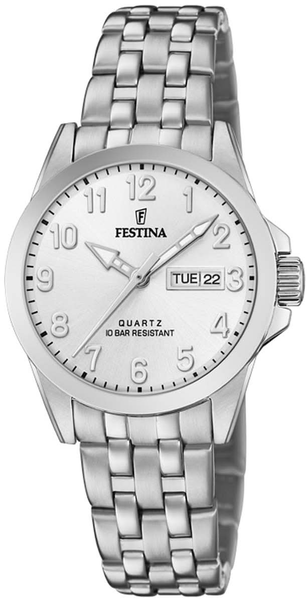 "Reloj de mujer con pulsera de acero inoxidable plateado y esfera blanca"