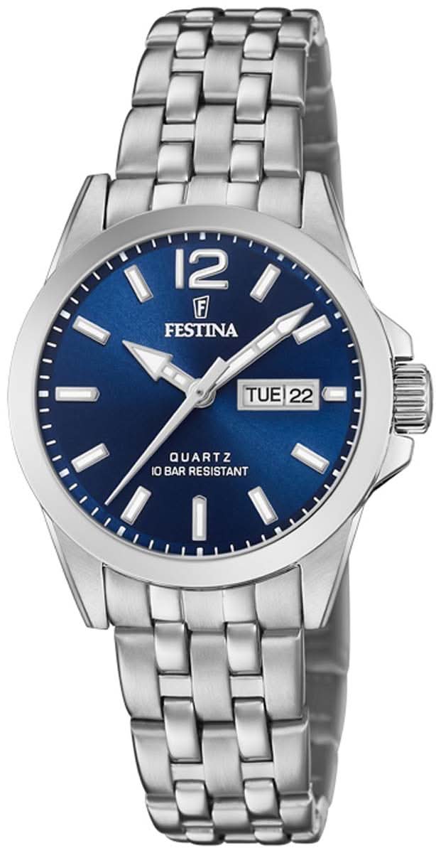 Festina Reloj de mujer con esfera azul y correa de acero inoxidable, visualización de hora